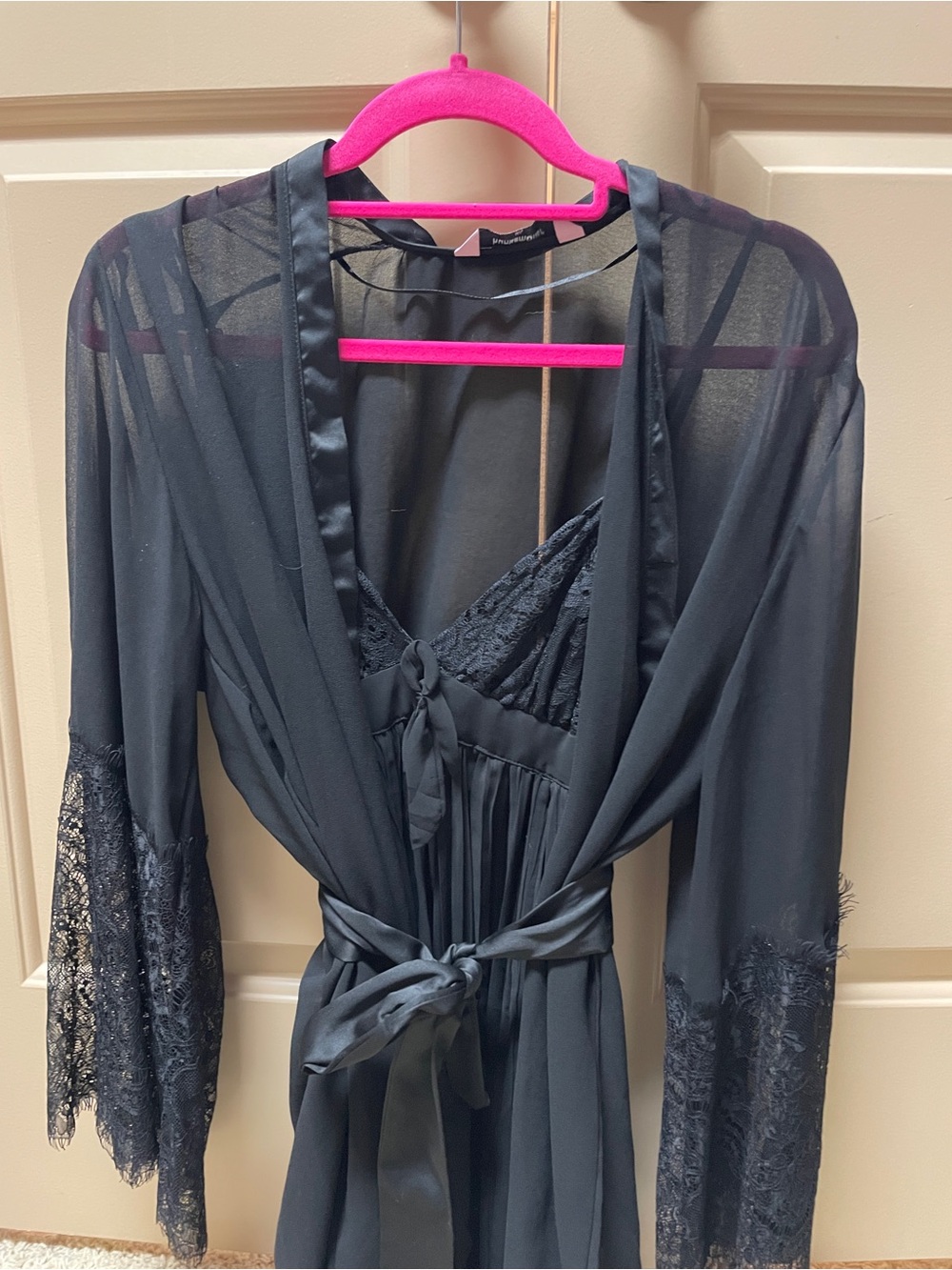 Sheer Black Lace-Trim Robe and Chemise Set